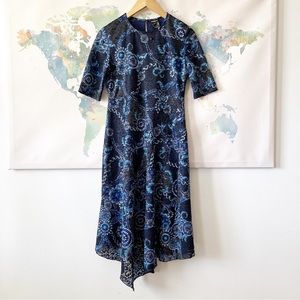 Desigual Dress Asymmetric Black Blue 3/4 Sleeve Eyelet Keyhole Neck Size Medium